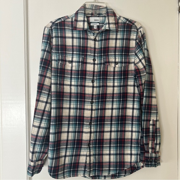 Sonoma Casual Button Down Shirt Red White and Blue Flannel Plaid Men size Small - Picture 2 of 14